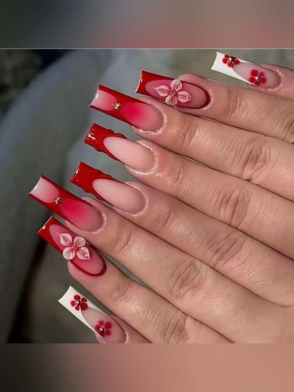 🦄 Extra Long Press On Nails, Red Gradient French Tip with 3D